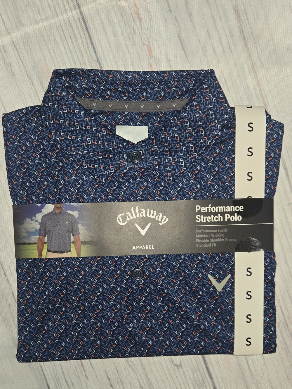Callaway Men’s Navy Performance Stretch Polo Chevron Print NWT